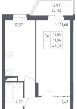 1-к квартира, на длительный срок, 44м2, 6/12 этаж
