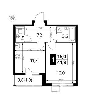 1-к квартира, на длительный срок, 42м2, 13/24 этаж