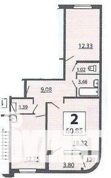 2-к квартира, вторичка, 61м2, 16/17 этаж