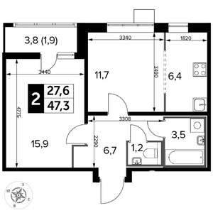 2-к квартира, вторичка, 47м2, 24/24 этаж
