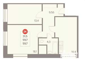 2-к квартира, вторичка, 60м2, 18/22 этаж