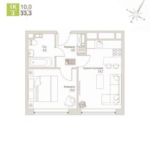 1-к квартира, строящийся дом, 33м2, 10/12 этаж