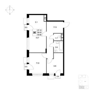 3-к квартира, вторичка, 60м2, 2/6 этаж
