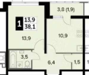 1-к квартира, вторичка, 38м2, 8/25 этаж