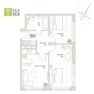 2-к квартира, строящийся дом, 53м2, 6/12 этаж