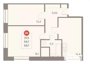 2-к квартира, вторичка, 60м2, 17/22 этаж