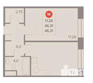 1-к квартира, вторичка, 46м2, 16/22 этаж