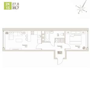 2-к квартира, строящийся дом, 40м2, 10/12 этаж