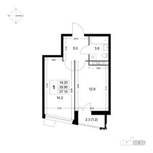 1-к квартира, строящийся дом, 37м2, 7/8 этаж