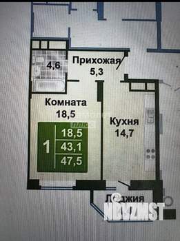 1-к квартира, вторичка, 43м2, 8/18 этаж