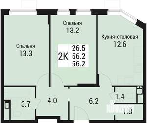2-к квартира, вторичка, 56м2, 5/5 этаж