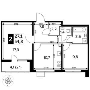 2-к квартира, вторичка, 55м2, 22/24 этаж