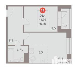 2-к квартира, строящийся дом, 46м2, 8/22 этаж