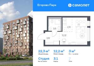 Студия квартира, вторичка, 22м2, 7/12 этаж