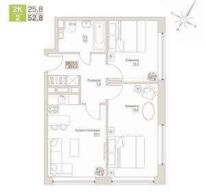 2-к квартира, строящийся дом, 53м2, 6/12 этаж