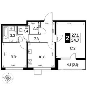 2-к квартира, вторичка, 55м2, 24/24 этаж