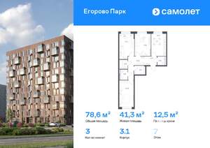 3-к квартира, вторичка, 79м2, 7/12 этаж