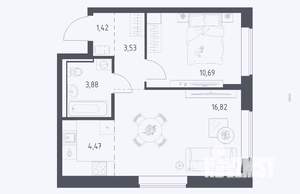 1-к квартира, сданный дом, 41м2, 2/17 этаж