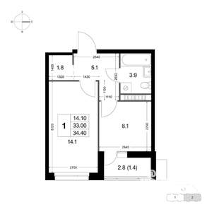 1-к квартира, вторичка, 34м2, 2/8 этаж