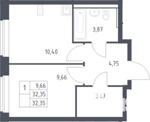 1-к квартира, вторичка, 32м2, 7/12 этаж