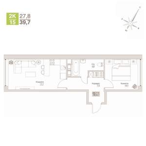 2-к квартира, строящийся дом, 40м2, 12/12 этаж