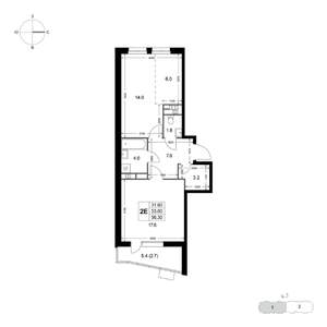 2-к квартира, строящийся дом, 56м2, 3/8 этаж