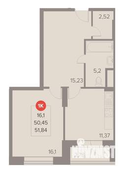1-к квартира, вторичка, 52м2, 12/22 этаж
