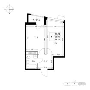 1-к квартира, строящийся дом, 37м2, 2/8 этаж