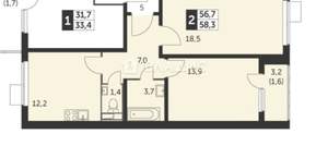 2-к квартира, вторичка, 58м2, 2/26 этаж