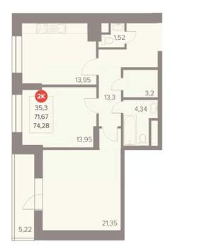 2-к квартира, вторичка, 74м2, 16/22 этаж