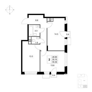 2-к квартира, вторичка, 55м2, 2/6 этаж