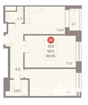 2-к квартира, вторичка, 60м2, 18/22 этаж