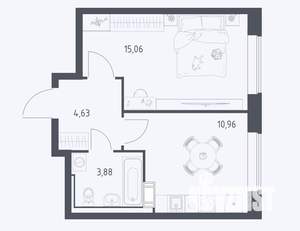 1-к квартира, сданный дом, 34м2, 14/17 этаж