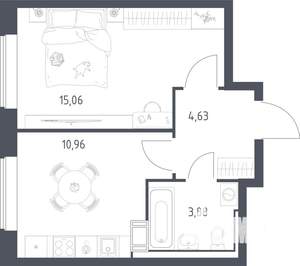 1-к квартира, строящийся дом, 34м2, 14/17 этаж
