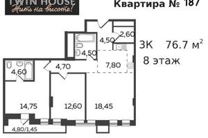 3-к квартира, вторичка, 77м2, 8/22 этаж