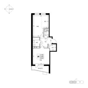 2-к квартира, строящийся дом, 56м2, 2/8 этаж
