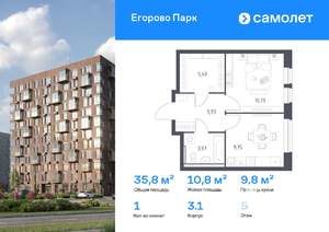 1-к квартира, вторичка, 36м2, 5/12 этаж