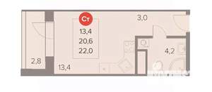 Студия квартира, вторичка, 22м2, 6/22 этаж