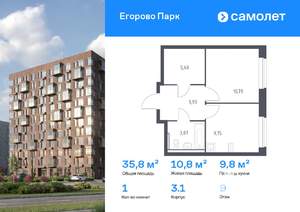 1-к квартира, вторичка, 36м2, 9/12 этаж