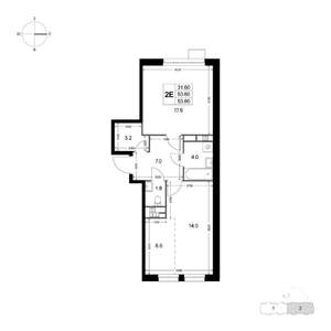 2-к квартира, строящийся дом, 54м2, 2/8 этаж