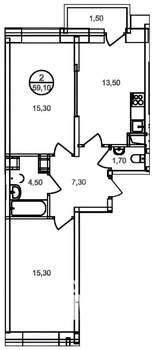 2-к квартира, вторичка, 58м2, 3/17 этаж