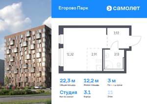 Студия квартира, вторичка, 22м2, 11/12 этаж