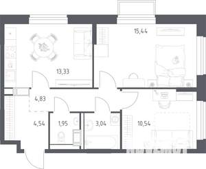 2-к квартира, строящийся дом, 54м2, 11/17 этаж