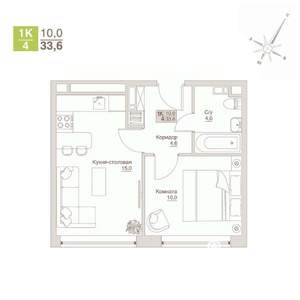 1-к квартира, строящийся дом, 34м2, 10/12 этаж