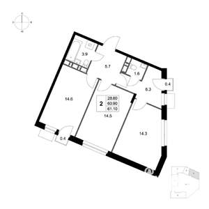 2-к квартира, вторичка, 61м2, 2/4 этаж