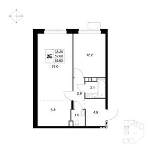 2-к квартира, вторичка, 53м2, 1/6 этаж