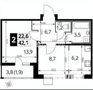 2-к квартира, вторичка, 42м2, 22/25 этаж