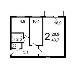 2-к квартира, вторичка, 43м2, 4/5 этаж