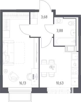 1-к квартира, строящийся дом, 34м2, 9/17 этаж