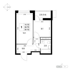 1-к квартира, строящийся дом, 34м2, 3/8 этаж